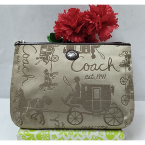 Coach Beige Canvas Brown Leather Trim Zipper Closure Wristlet - Coin Wallet